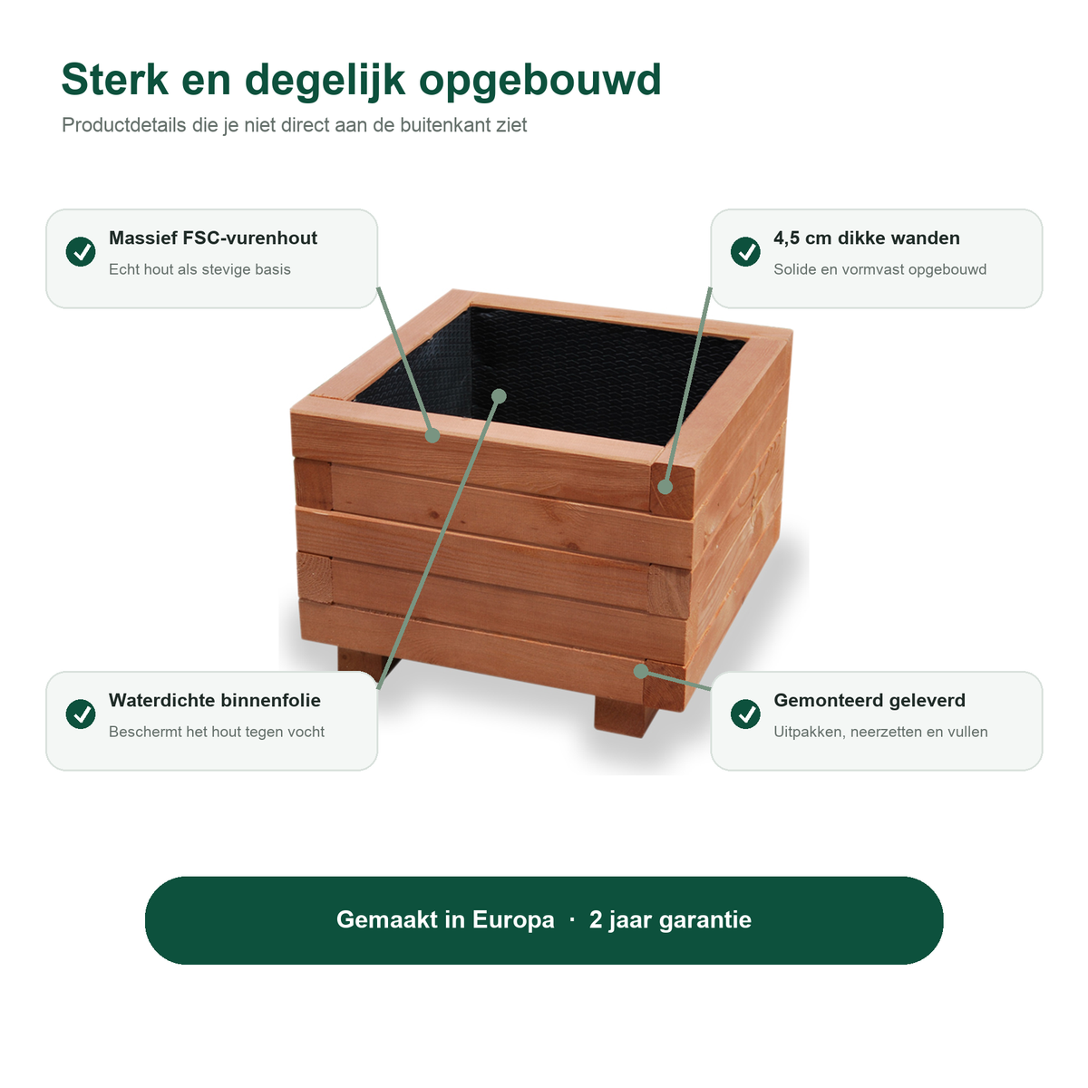 Constructie en Europese herkomst van de houten plantenbak 40 cm walnoot 