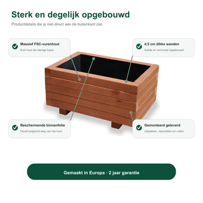 Constructie en Europese herkomst van de houten plantenbak 60 cm walnoot 