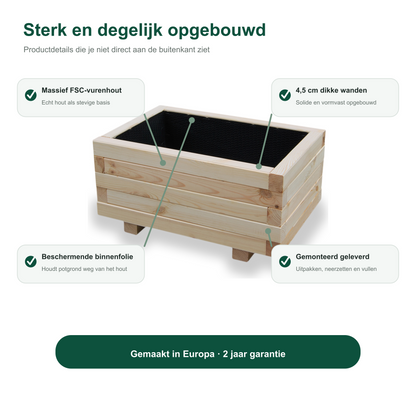 Constructie en Europese herkomst van de houten plantenbak 60 cm naturel 