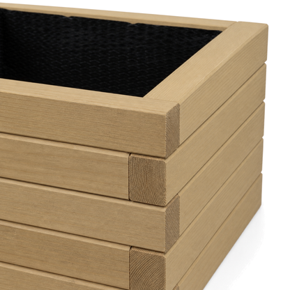 Hoekdetail van de houten plantenbak 60 cm light oak 
