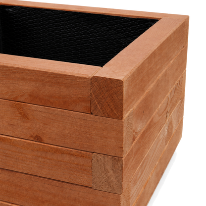 Hoekdetail van de houten plantenbak 60 cm walnoot 