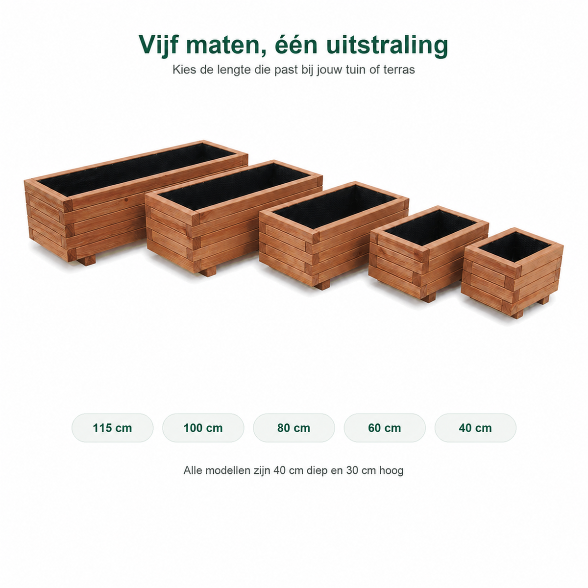 Overzicht van beschikbare formaten houten plantenbakken walnoot 