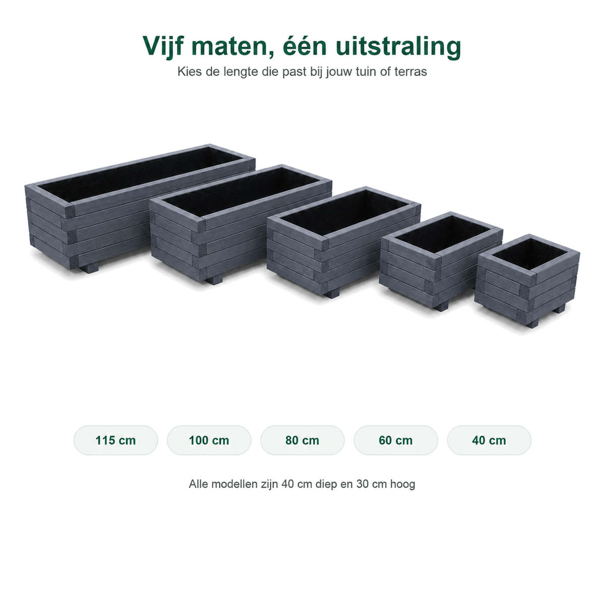 Overzicht van beschikbare formaten houten plantenbakken antraciet 