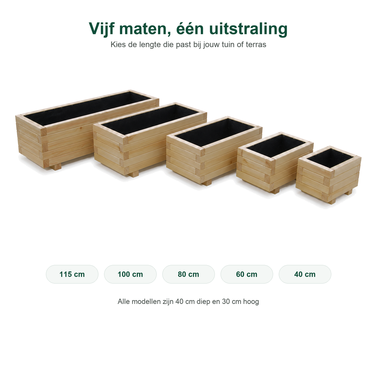 Overzicht van beschikbare formaten houten plantenbakken light oak 