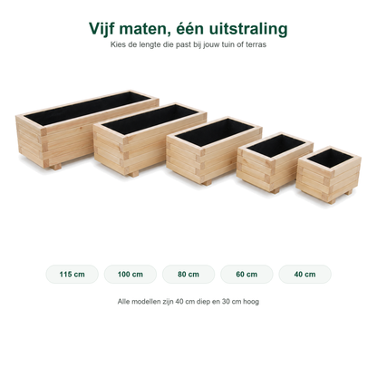 Overzicht van beschikbare formaten houten plantenbakken naturel 