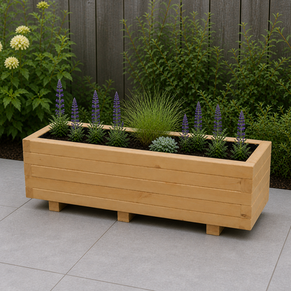 Houten plantenbak 100 cm light oak in een rustige tuinsituatie 
