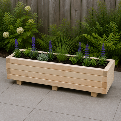 Houten plantenbak 100 cm naturel in een rustige tuinsituatie 
