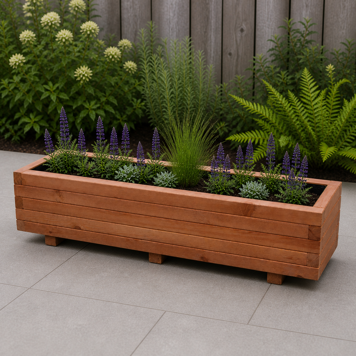Houten plantenbak 115 cm walnoot in een rustige tuinsituatie 