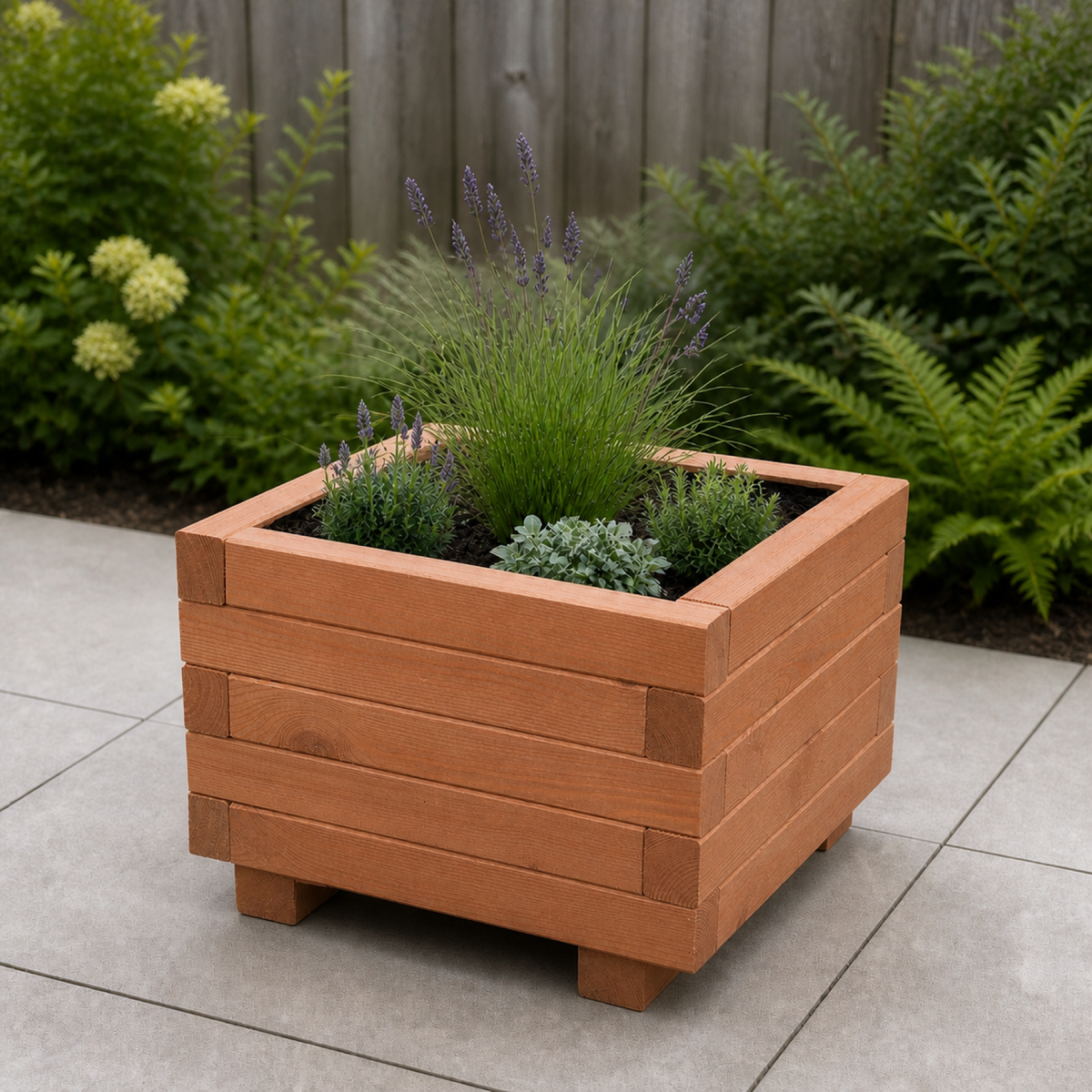 Houten plantenbak 40 cm walnoot in een rustige tuinsituatie 