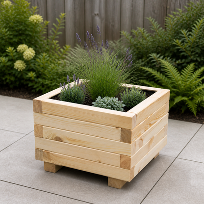 Houten plantenbak 40 cm naturel in een rustige tuinsituatie 