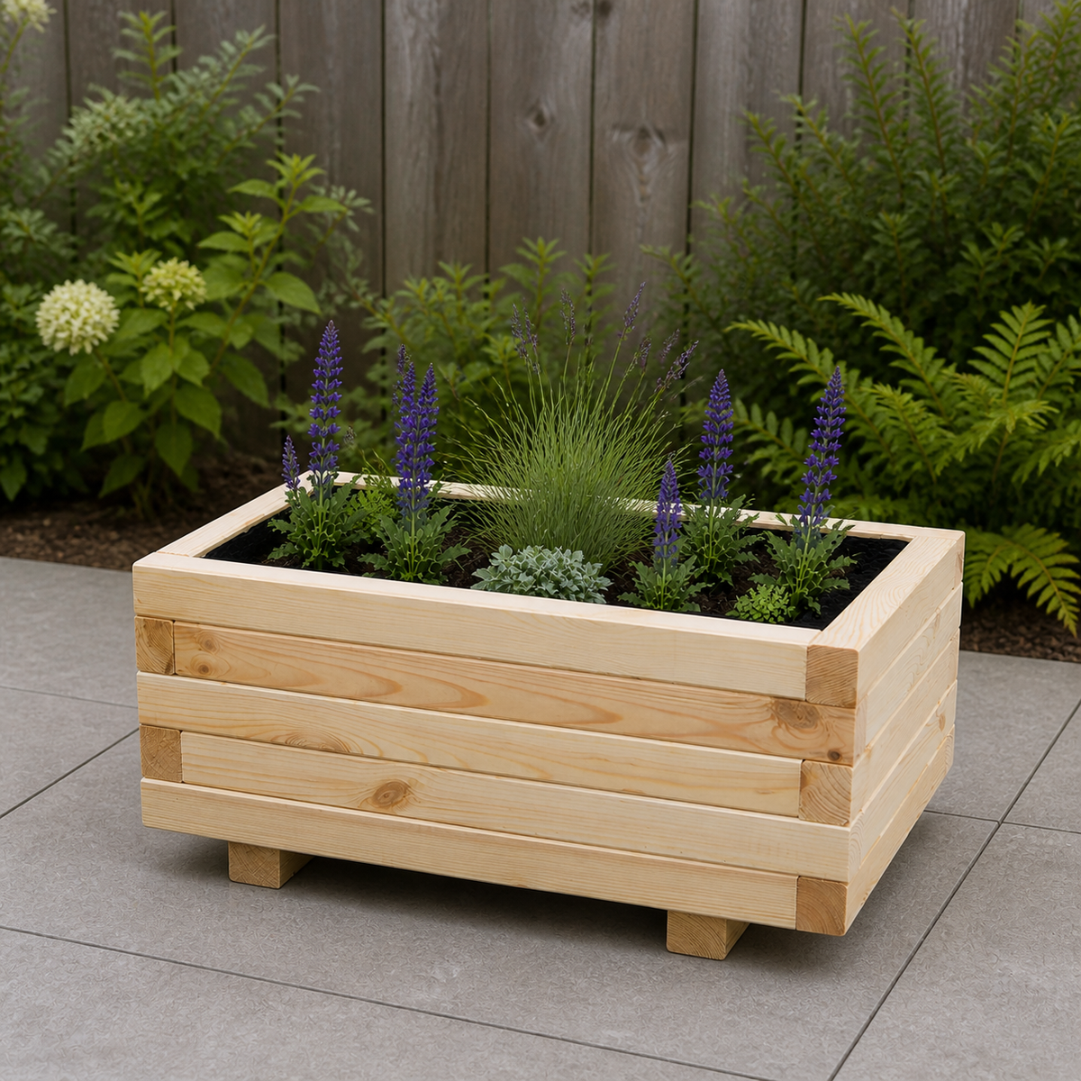 Houten plantenbak 60 cm naturel in een rustige tuinsituatie 