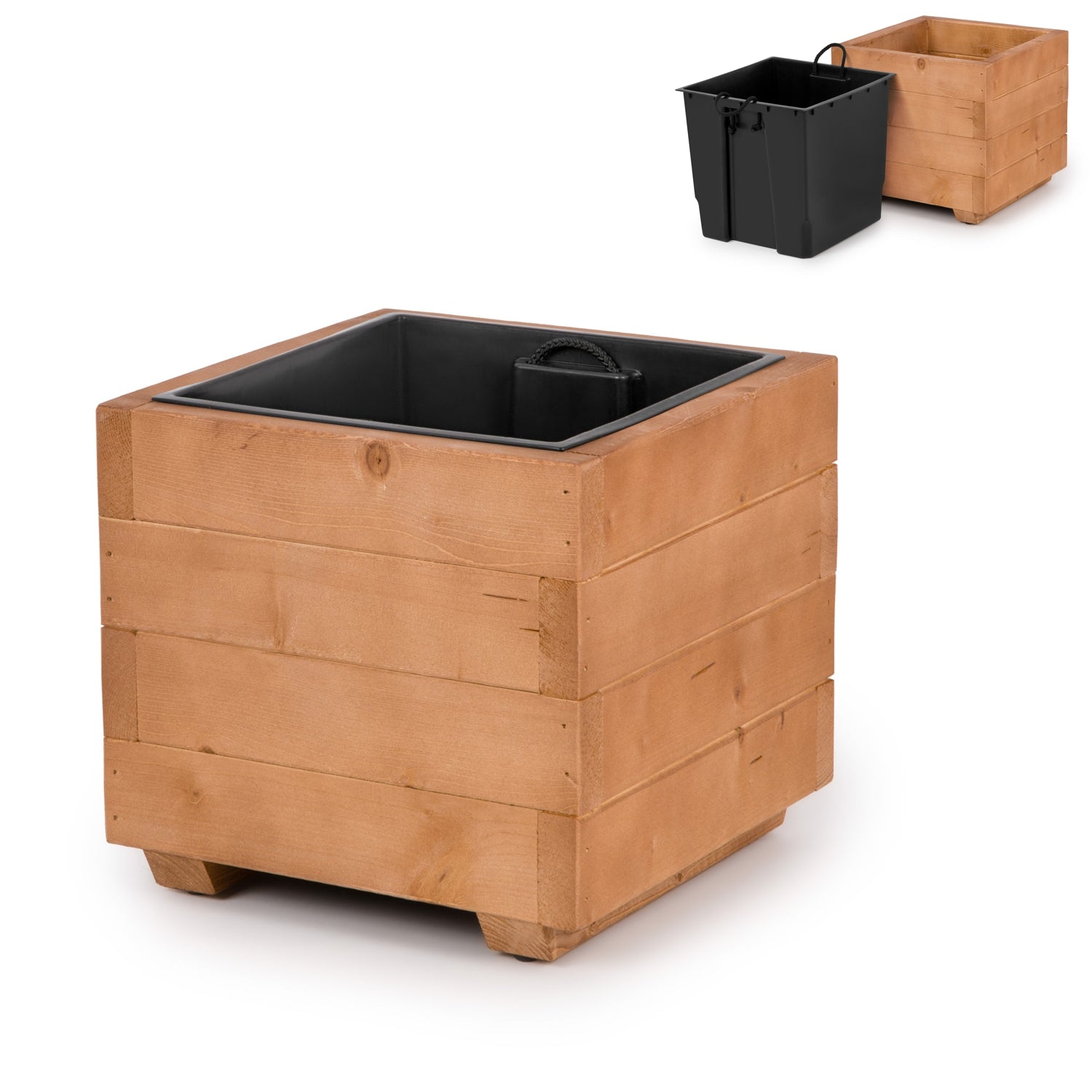 Vierkante houten plantenbak met binnenbak 33 cm in walnoot