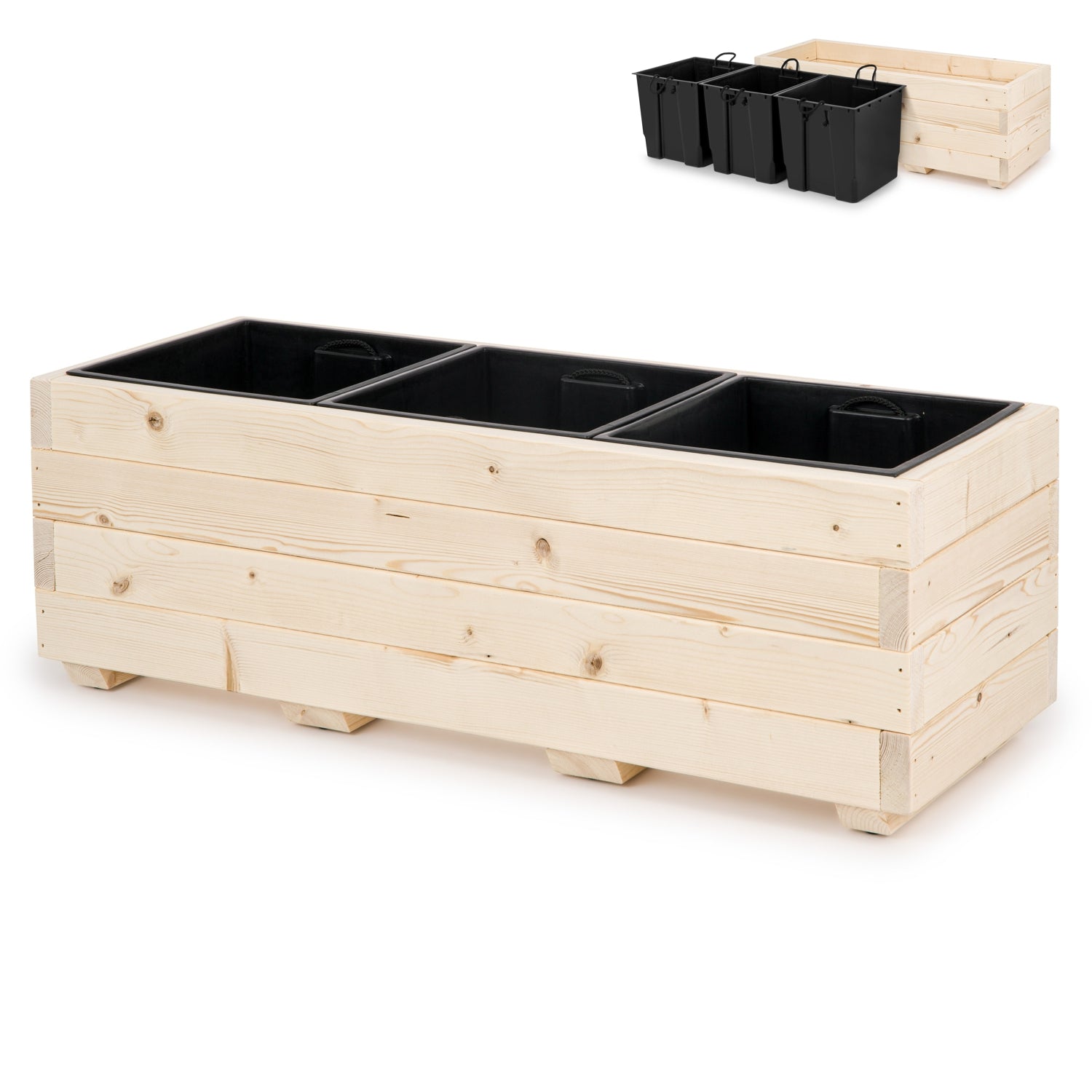 Lange houten plantenbak met binnenbak 91 cm in naturel hout