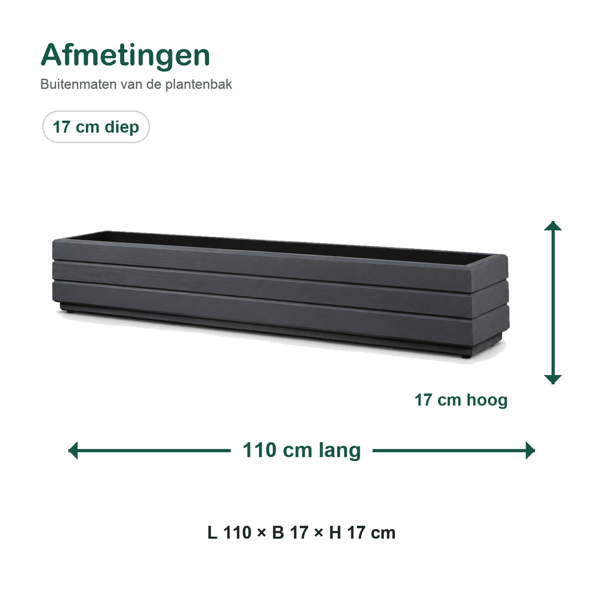 Afmetingen houten balkonplantenbak 110 × 17 × 17 cm antraciet 