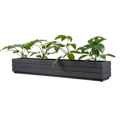 Houten plantenbak balkon 110 cm antraciet met rustige groene beplanting op witte achtergrond 