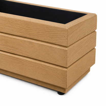 Detail van de houtnerf en hoekafwerking van houten balkonplantenbak 110 cm light oak 