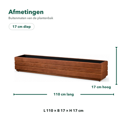 Afmetingen houten balkonplantenbak 110 × 17 × 17 cm walnoot 
