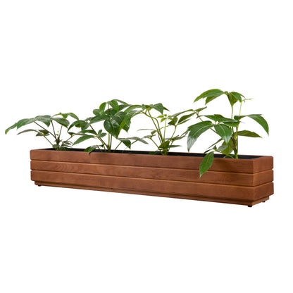 Houten plantenbak balkon 110 cm walnoot met rustige groene beplanting op witte achtergrond 