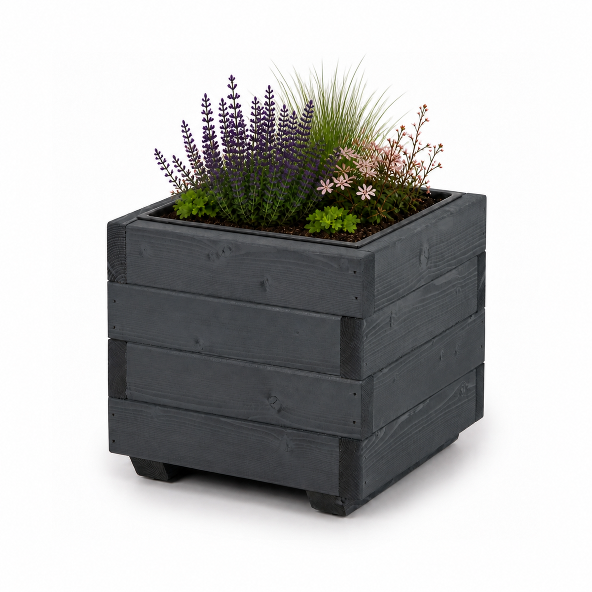 Houten plantenbak 33 cm met binnenbak in antraciet, rustig beplant met zichtbare aarde op witte achtergrond 