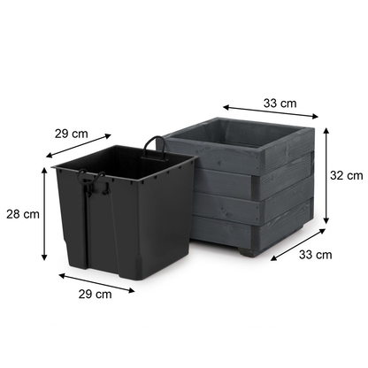 Afmetingen houten plantenbak 33 × 33 × 32 cm en binnenbak 29 × 29 × 28 cm in antraciet 