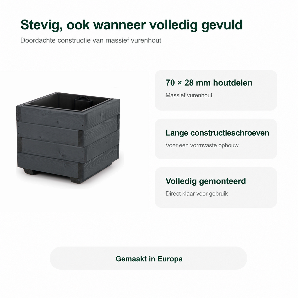 Stevige constructie van houten plantenbak 33 cm in antraciet, volledig gemonteerd en gemaakt in Europa 