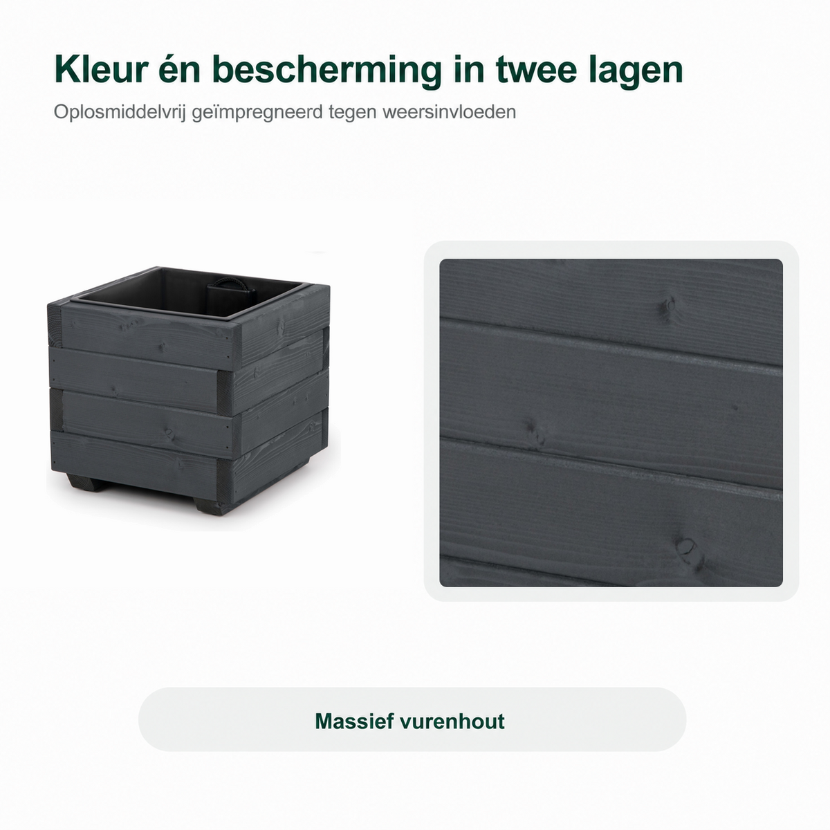 Detail van antraciet plantenbak 33 cm: oplosmiddelvrij geïmpregneerd in twee lagen tegen weersinvloeden 