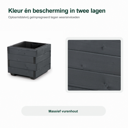 Detail van antraciet plantenbak 33 cm: oplosmiddelvrij geïmpregneerd in twee lagen tegen weersinvloeden 