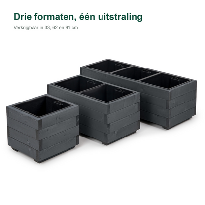 Formaatvergelijking houten plantenbakken met binnenbak van 33, 62 en 91 cm in antraciet 