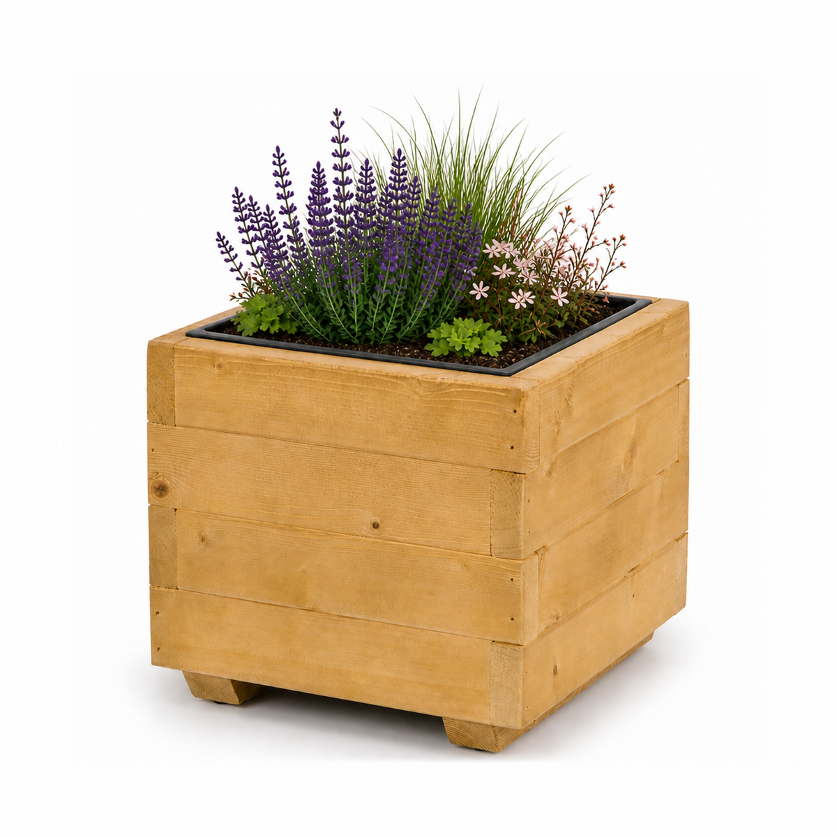 Houten plantenbak 33 cm met binnenbak in light oak, rustig beplant met zichtbare aarde op witte achtergrond 