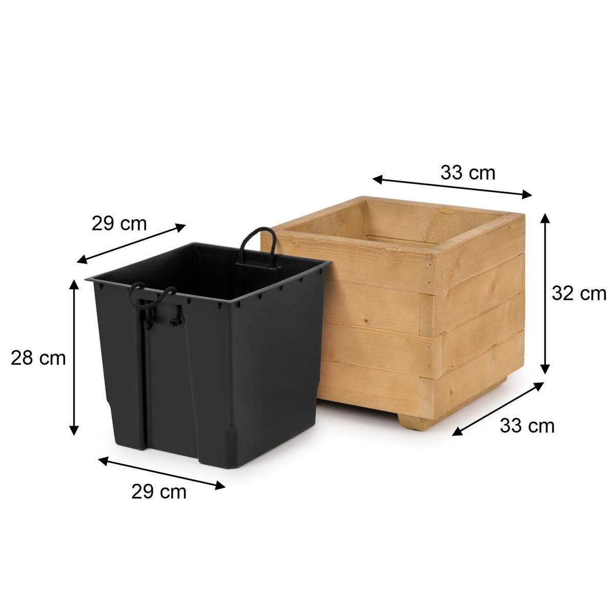 Afmetingen houten plantenbak 33 × 33 × 32 cm en binnenbak 29 × 29 × 28 cm in light oak 