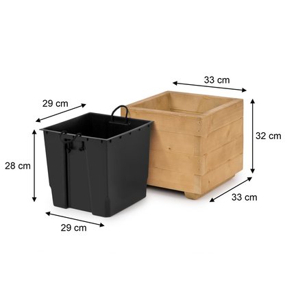 Afmetingen houten plantenbak 33 × 33 × 32 cm en binnenbak 29 × 29 × 28 cm in light oak 