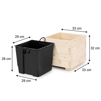 Afmetingen houten plantenbak 33 × 33 × 32 cm en binnenbak 29 × 29 × 28 cm in naturel 