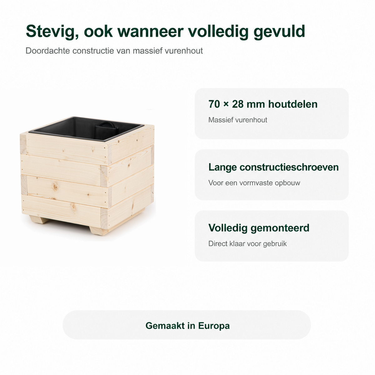 Stevige constructie van houten plantenbak 33 cm in naturel, volledig gemonteerd en gemaakt in Europa 