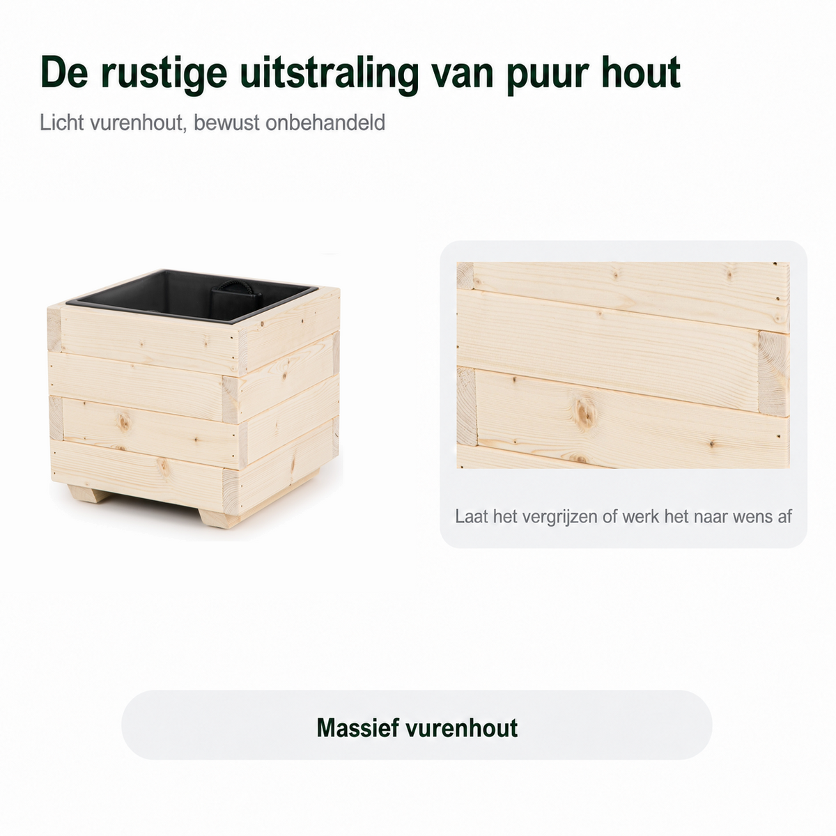 Afwerking van massief vurenhout van plantenbak 33 cm in naturel: licht hout dat naar wens kan vergrijzen of worden afgewerkt 