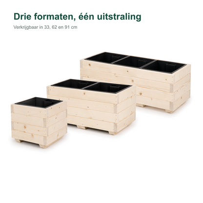 Formaatvergelijking houten plantenbakken met binnenbak van 33, 62 en 91 cm in naturel 