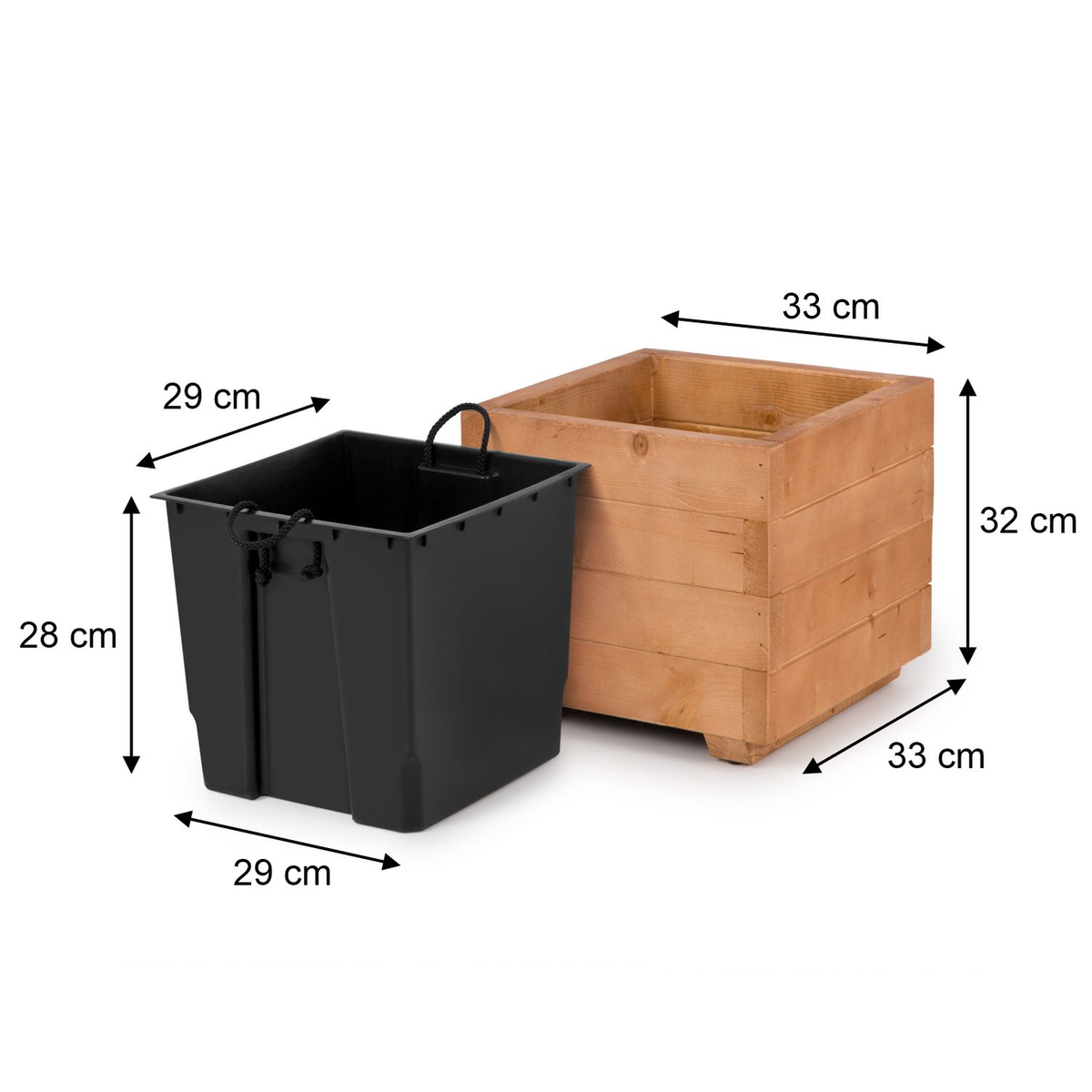 Afmetingen houten plantenbak 33 × 33 × 32 cm en binnenbak 29 × 29 × 28 cm in walnoot 