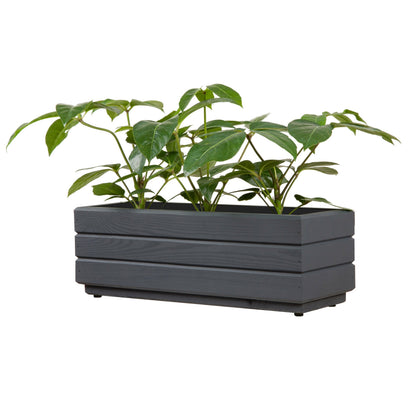 Houten balkonplantenbak 50 cm antraciet met rustige groene beplanting op witte achtergrond 