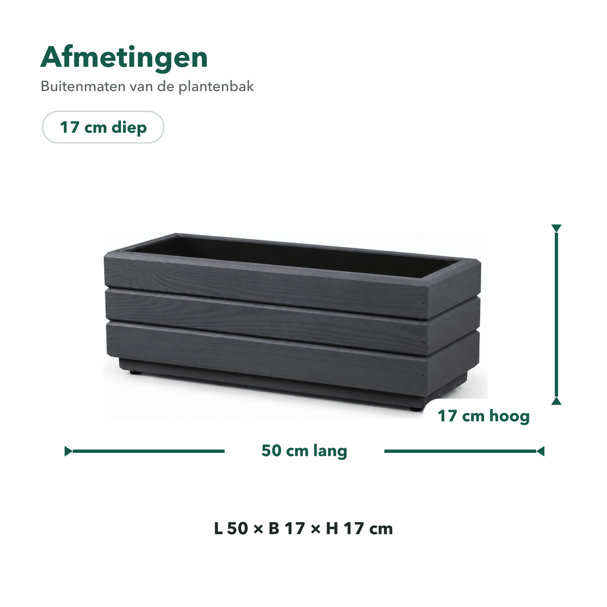 Afmetingen houten balkonplantenbak 50 × 17 × 17 cm antraciet 