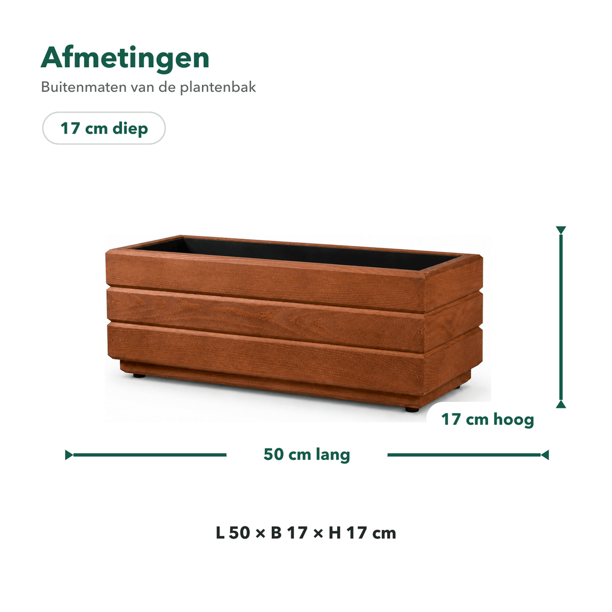 Afmetingen houten balkonplantenbak 50 × 17 × 17 cm walnoot 