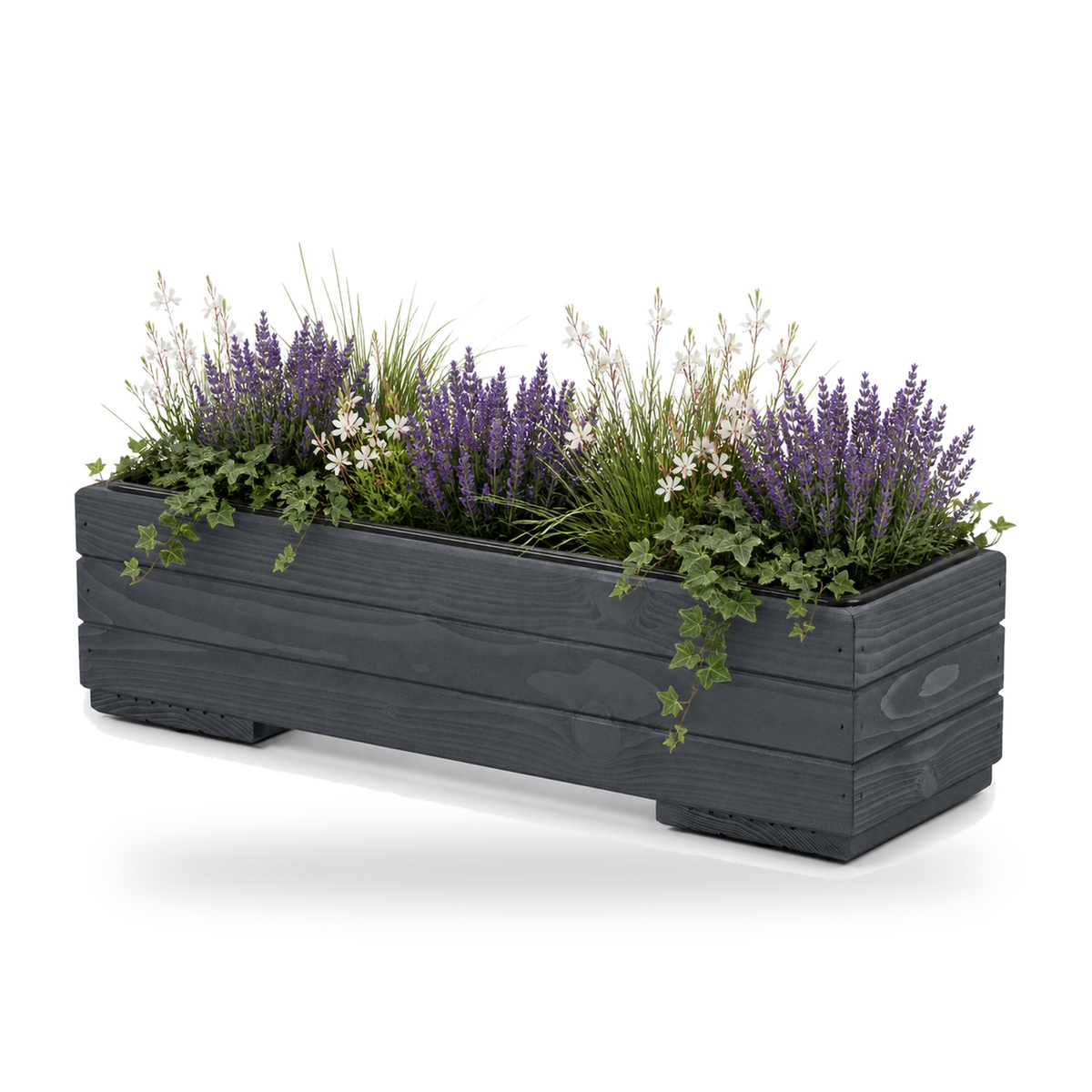 Houten balkonplantenbak 61,5 cm antraciet met uitneembare binnenbak en rustige beplanting 