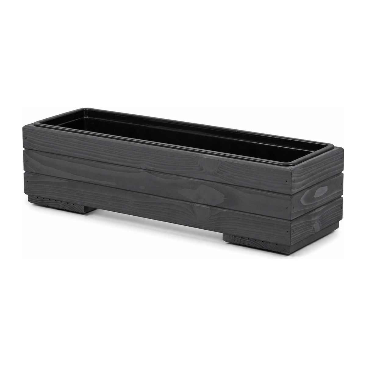 Lege houten balkonplantenbak 61,5 cm antraciet met uitneembare binnenbak op witte achtergrond 