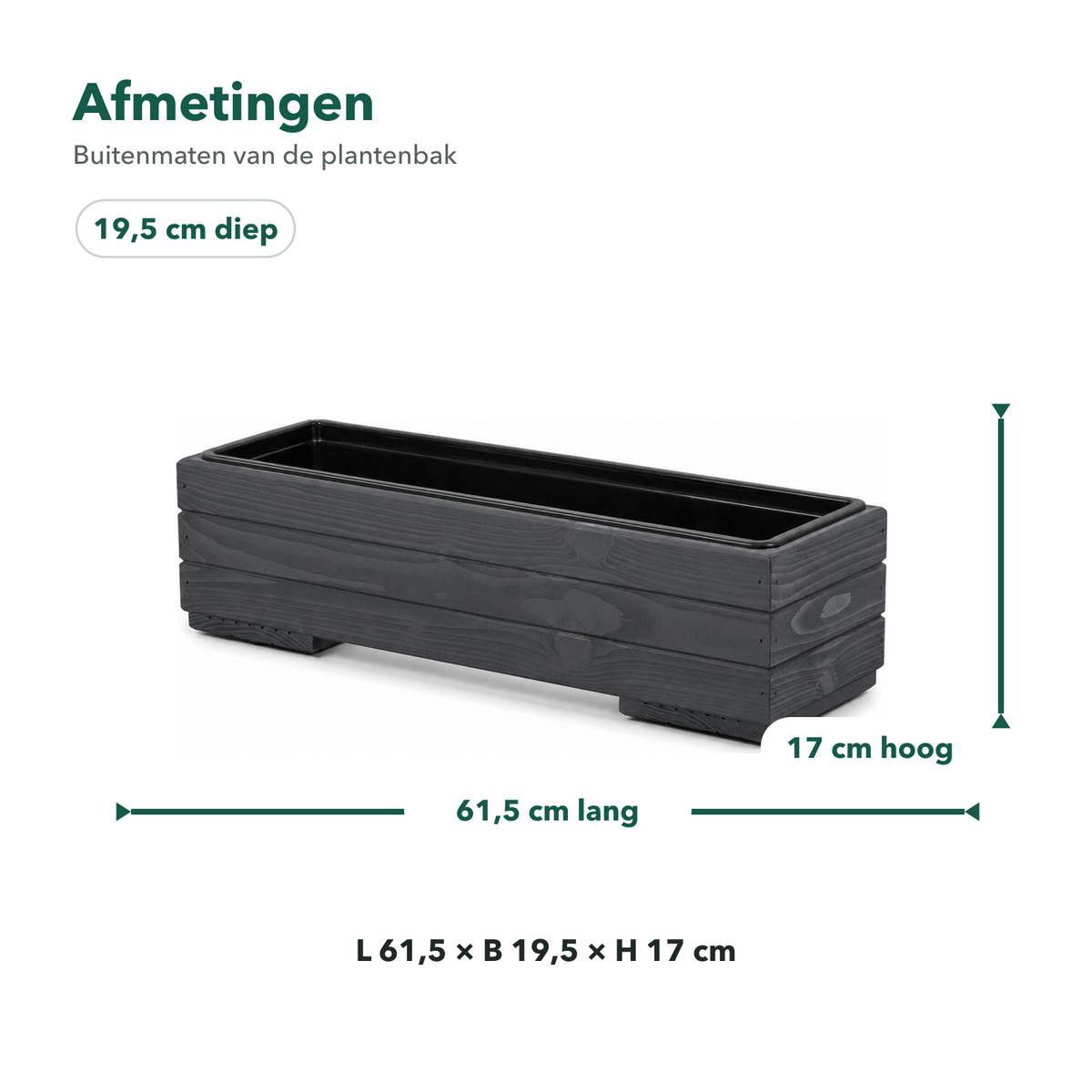 Afmetingen houten balkonplantenbak 61,5 × 19,5 × 17 cm antraciet met binnenbak 