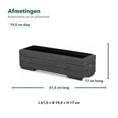 Afmetingen houten balkonplantenbak 61,5 × 19,5 × 17 cm antraciet met binnenbak 