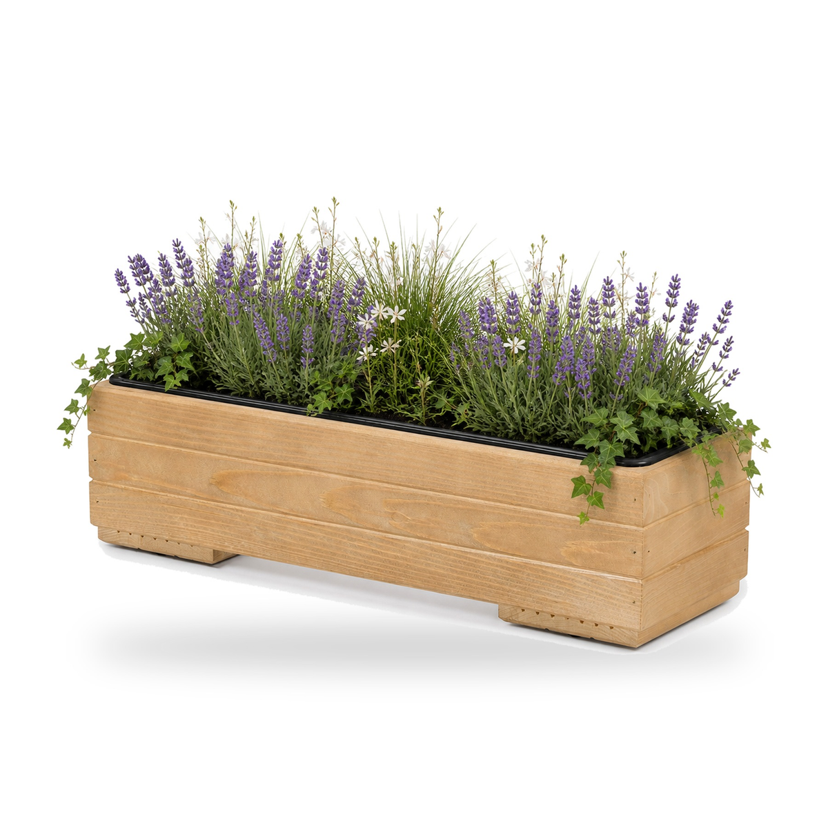 Houten balkonplantenbak 61,5 cm light oak met uitneembare binnenbak en rustige beplanting 