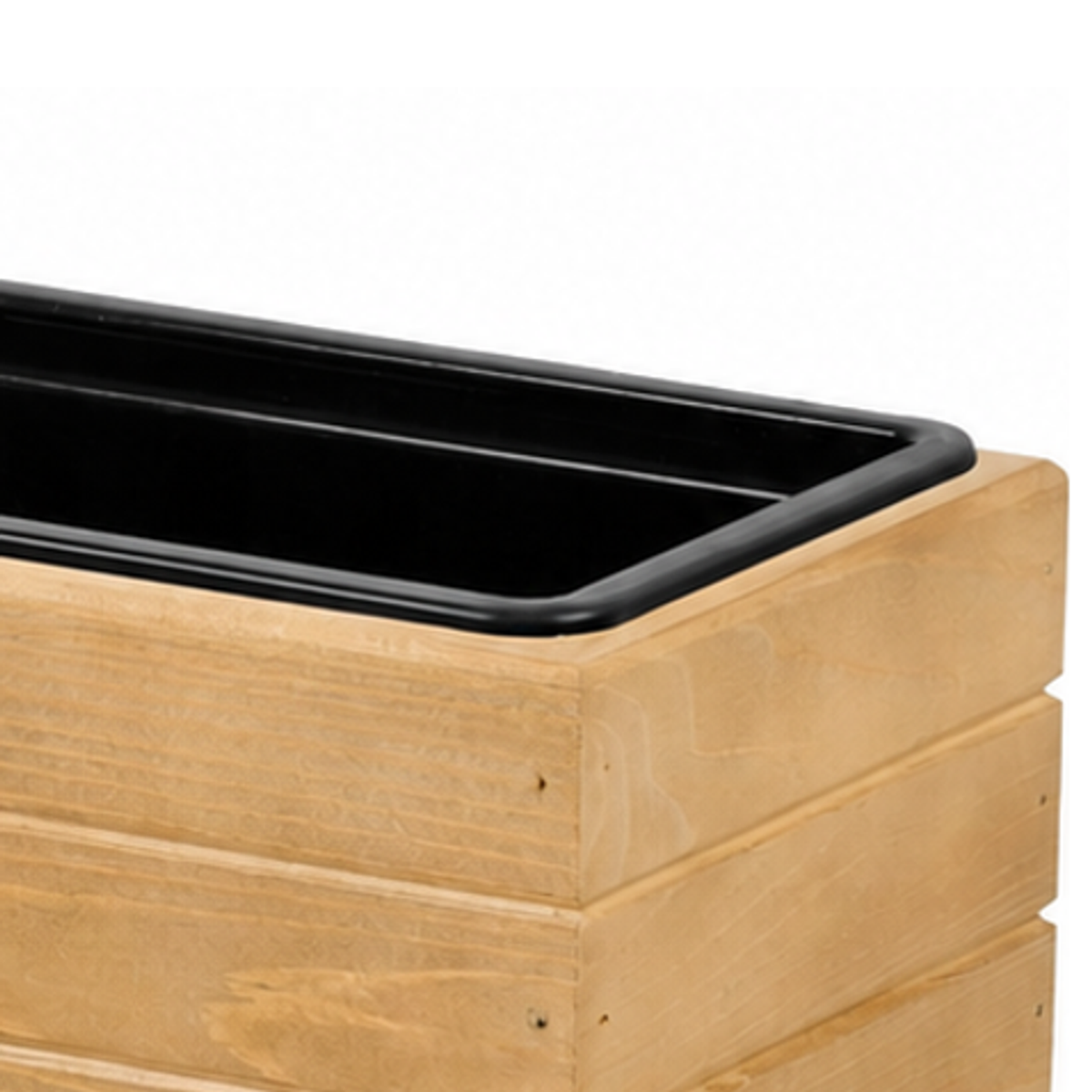 Detail houtnerf, hoekafwerking en binnenbak van houten balkonplantenbak 61,5 cm light oak 