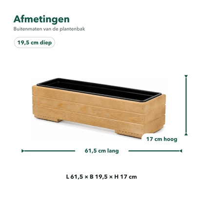 Afmetingen houten balkonplantenbak 61,5 × 19,5 × 17 cm light oak met binnenbak 