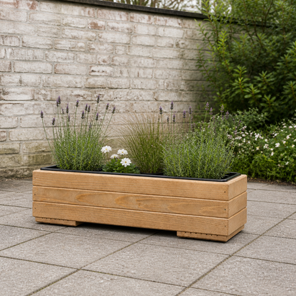 Houten balkonplantenbak 61,5 cm light oak met uitneembare binnenbak in Nederlandse tuin 