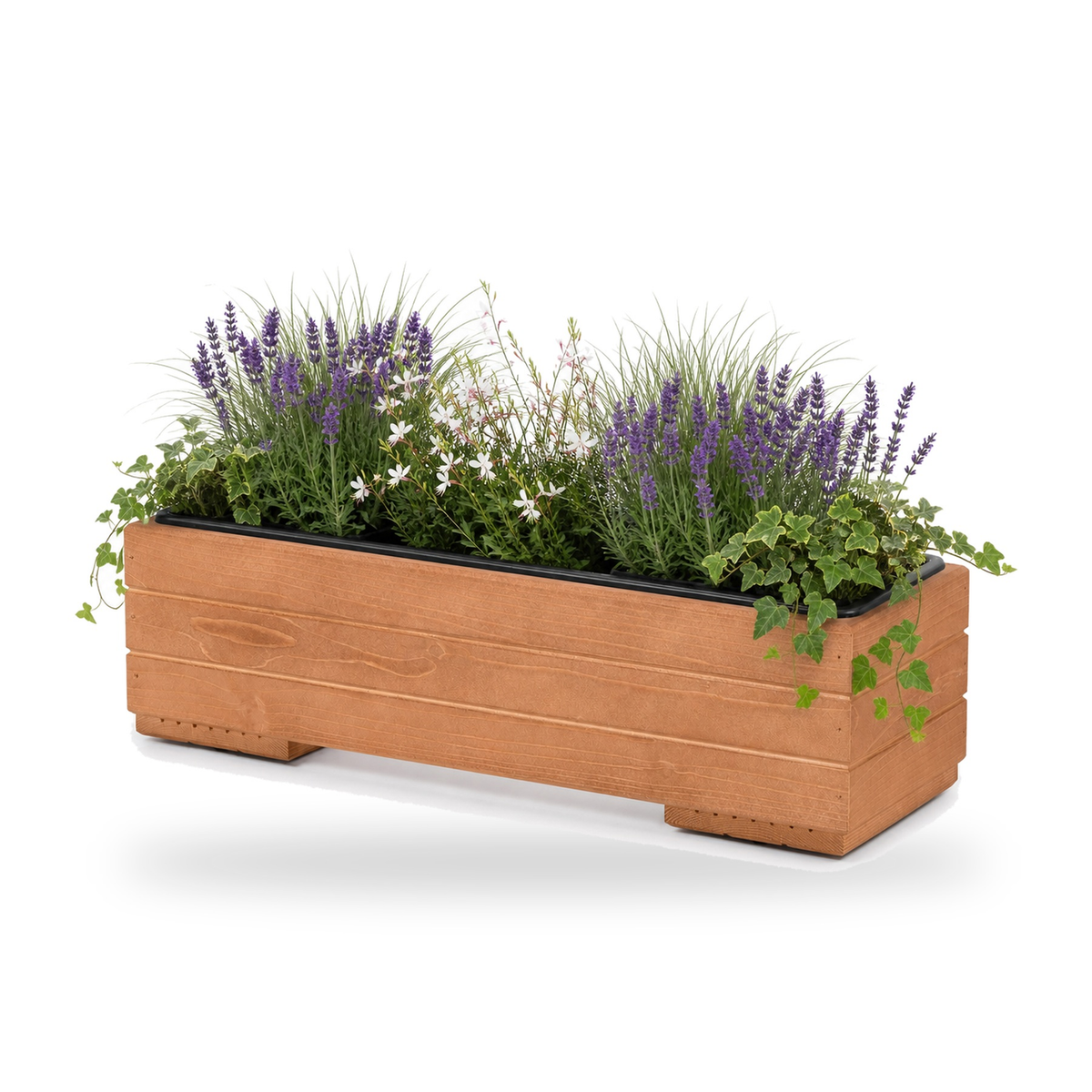 Houten balkonplantenbak 61,5 cm walnoot met uitneembare binnenbak en rustige beplanting 