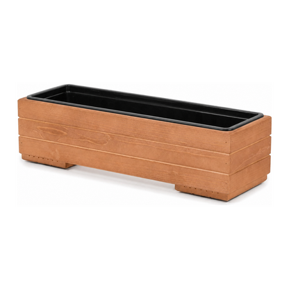 Lege houten balkonplantenbak 61,5 cm walnoot met uitneembare binnenbak op witte achtergrond 