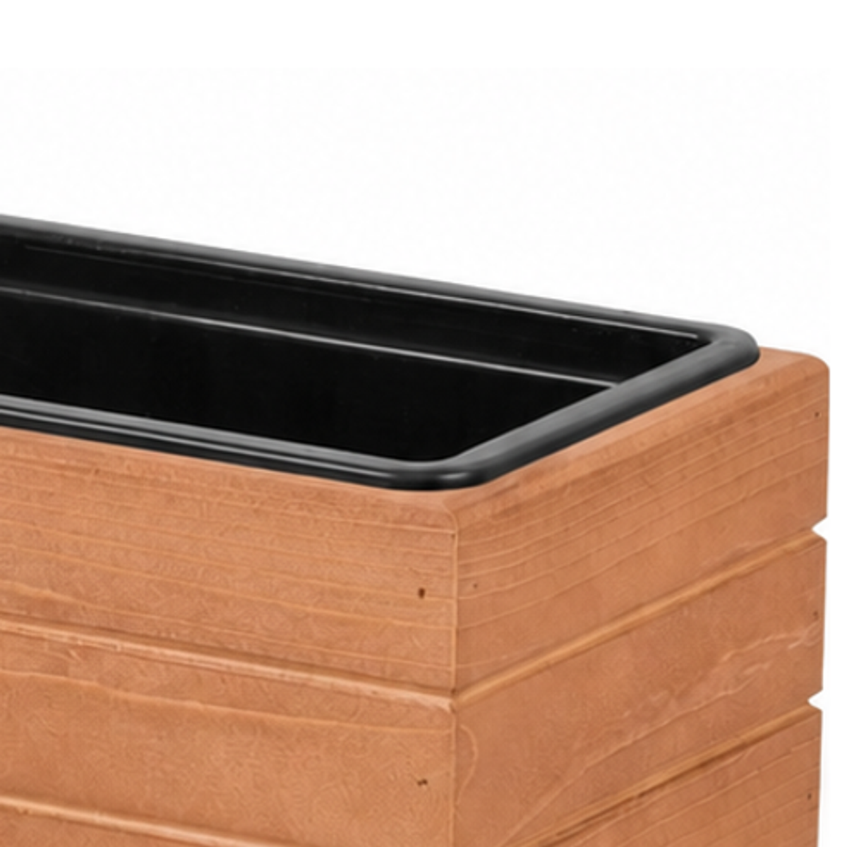 Detail houtnerf, hoekafwerking en binnenbak van houten balkonplantenbak 61,5 cm walnoot 